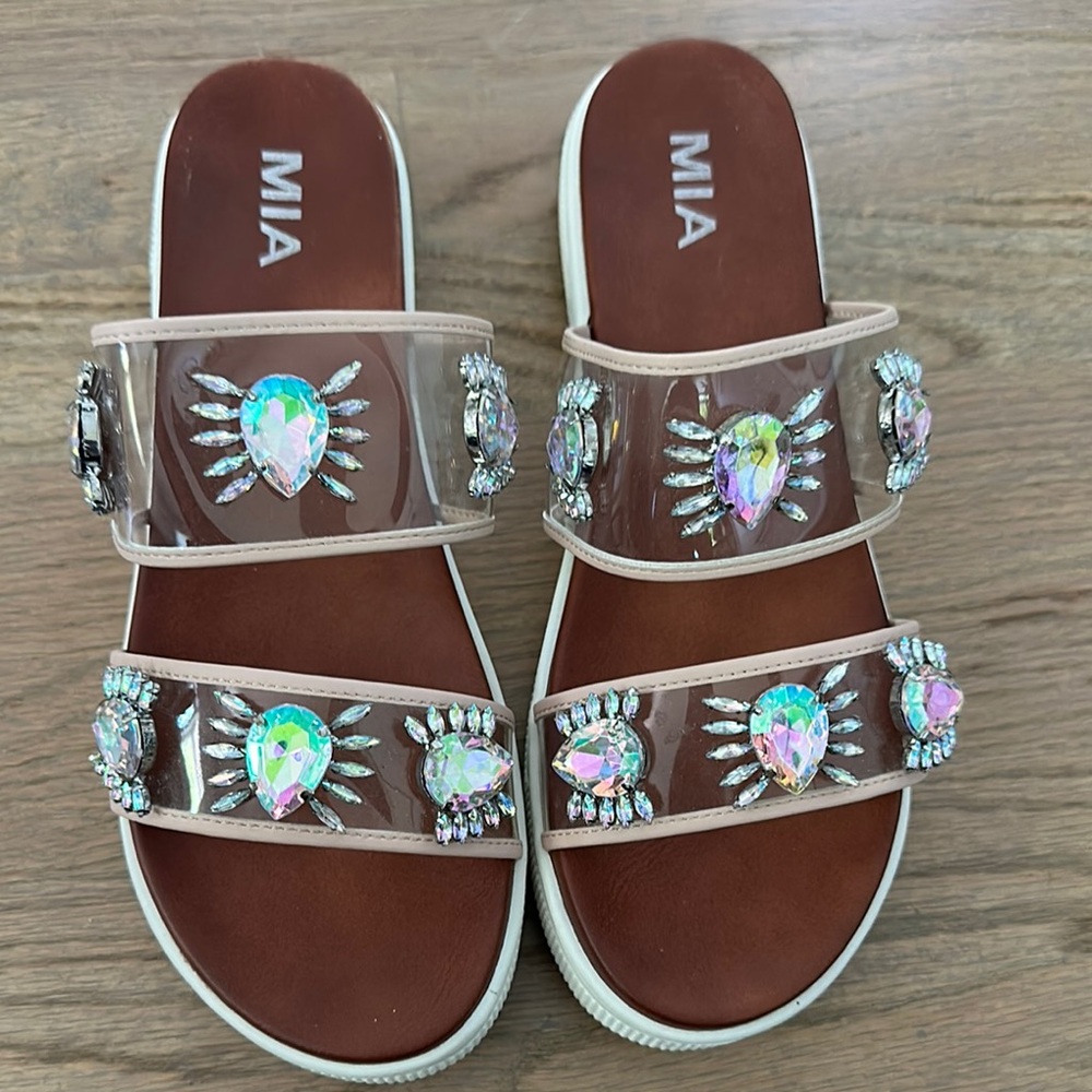 MIA Tan Sandals with iridescent Embellishments